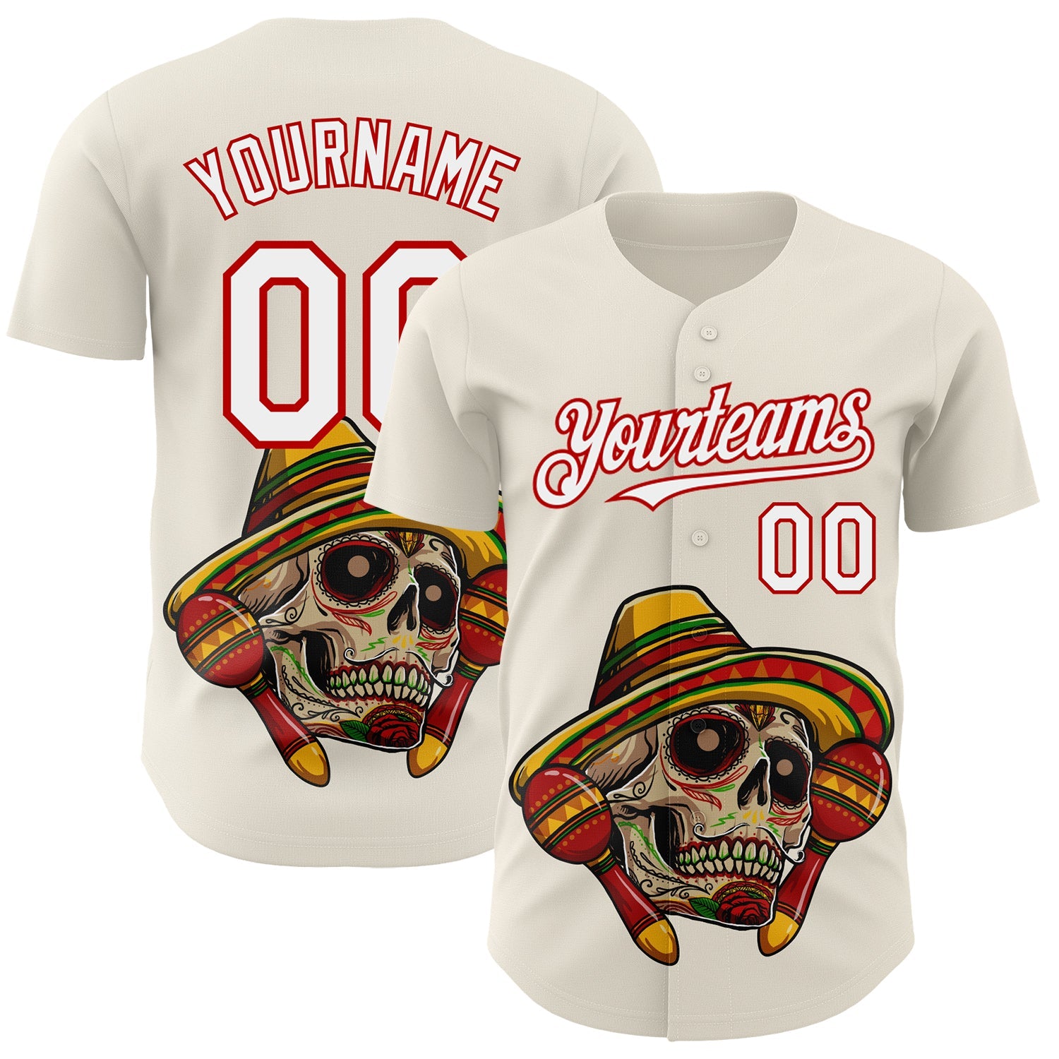 Custom Cream White-Red 3D Mexican Festival Skull With Sombrero Cinco de Mayo Authentic Baseball Jersey - Sky-Custom