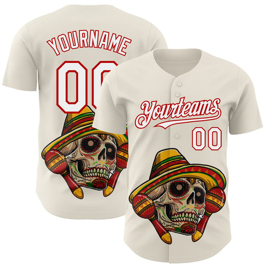 Custom Cream White-Red 3D Mexican Festival Skull With Sombrero Cinco de Mayo Authentic Baseball Jersey - Sky-Custom