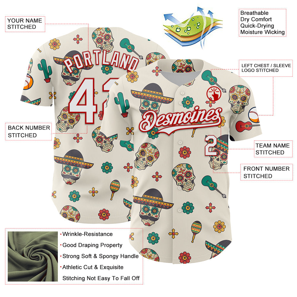 Custom Cream White-Red 3D Mexican Festival Cactus Skull With Sombrero Cinco de Mayo Authentic Baseball Jersey - Sky-Custom
