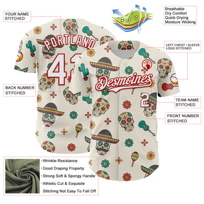Custom Cream White-Red 3D Mexican Festival Cactus Skull With Sombrero Cinco de Mayo Authentic Baseball Jersey - Sky-Custom