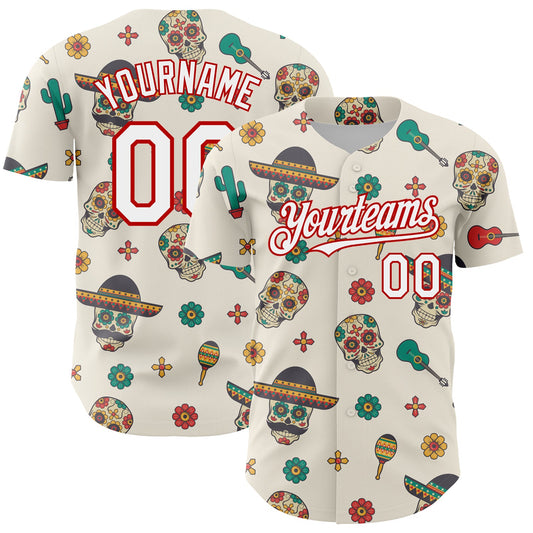 Custom Cream White-Red 3D Mexican Festival Cactus Skull With Sombrero Cinco de Mayo Authentic Baseball Jersey - Sky-Custom