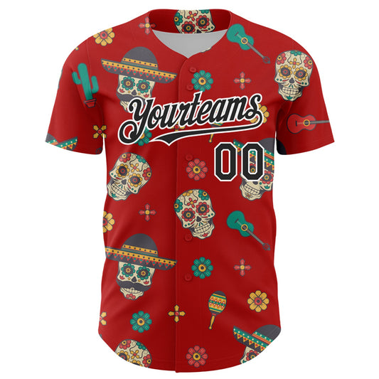 Custom Red Black-White 3D Mexican Festival Cactus Skull With Sombrero Cinco de Mayo Authentic Baseball Jersey - Sky-Custom