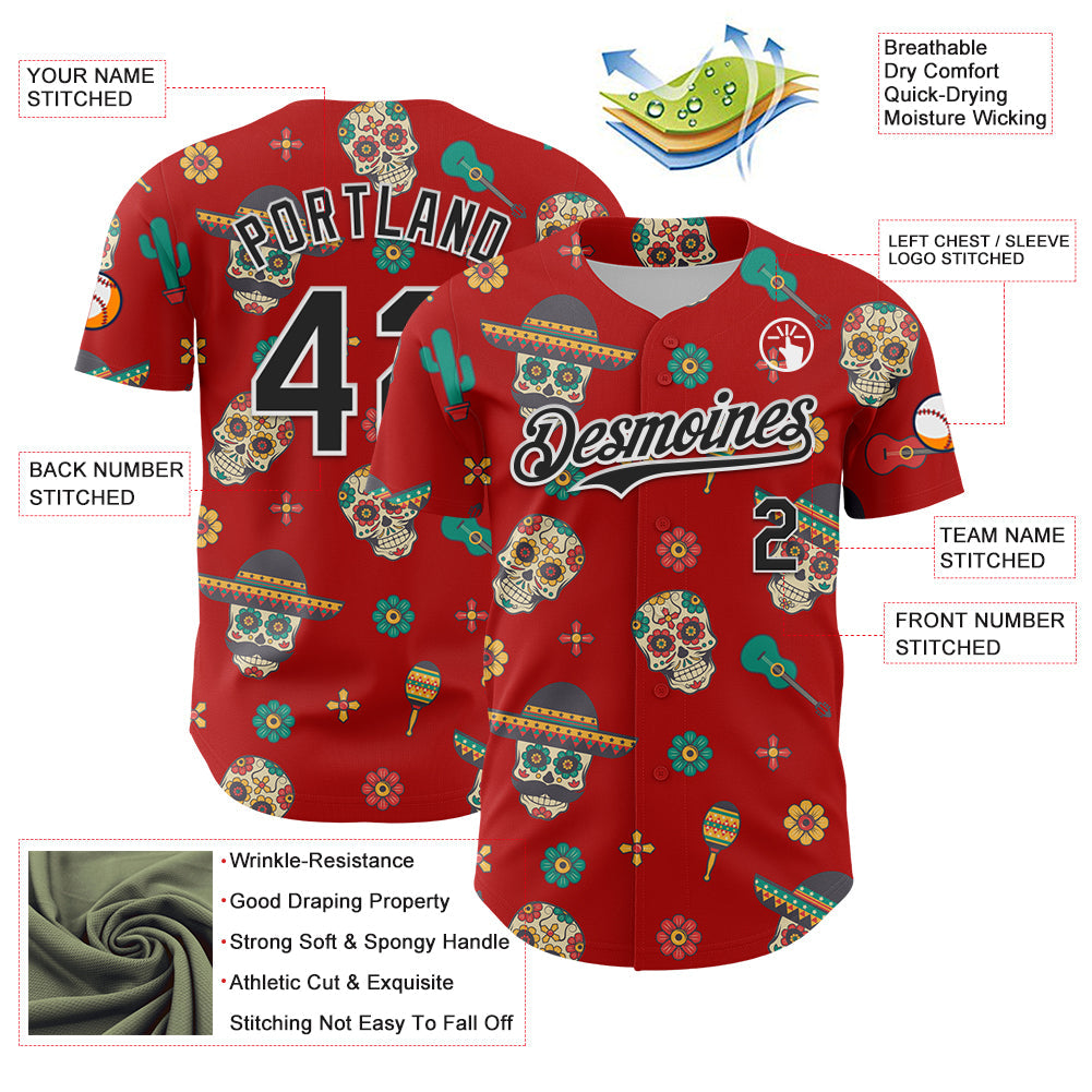 Custom Red Black-White 3D Mexican Festival Cactus Skull With Sombrero Cinco de Mayo Authentic Baseball Jersey - Sky-Custom