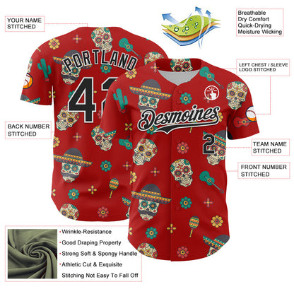 Custom Red Black-White 3D Mexican Festival Cactus Skull With Sombrero Cinco de Mayo Authentic Baseball Jersey - Sky-Custom