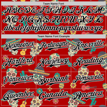 Custom Red Black-White 3D Mexican Festival Cactus Skull With Sombrero Cinco de Mayo Authentic Baseball Jersey - Sky-Custom