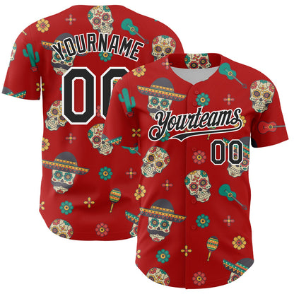Custom Red Black-White 3D Mexican Festival Cactus Skull With Sombrero Cinco de Mayo Authentic Baseball Jersey - Sky-Custom