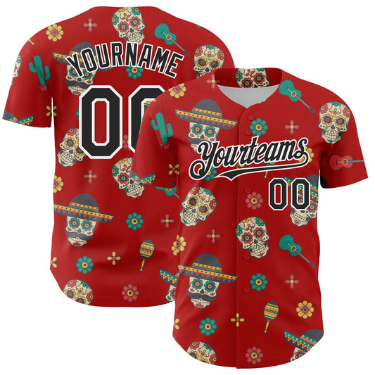 Custom Red Black-White 3D Mexican Festival Cactus Skull With Sombrero Cinco de Mayo Authentic Baseball Jersey - Sky-Custom
