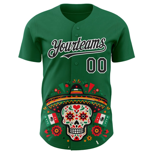 Custom Kelly Green Black-White 3D Mexican Festival Flag Skull With Sombrero Cinco de Mayo Authentic Baseball Jersey - Sky-Custom