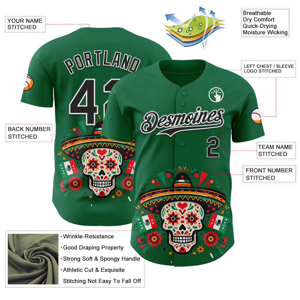 Custom Kelly Green Black-White 3D Mexican Festival Flag Skull With Sombrero Cinco de Mayo Authentic Baseball Jersey - Sky-Custom