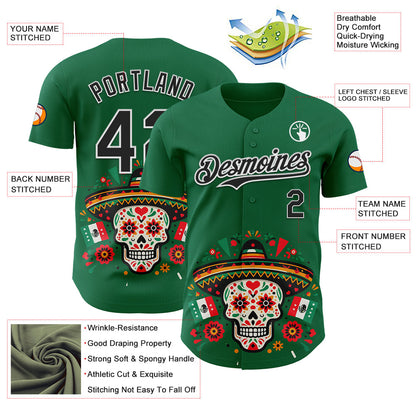 Custom Kelly Green Black-White 3D Mexican Festival Flag Skull With Sombrero Cinco de Mayo Authentic Baseball Jersey - Sky-Custom
