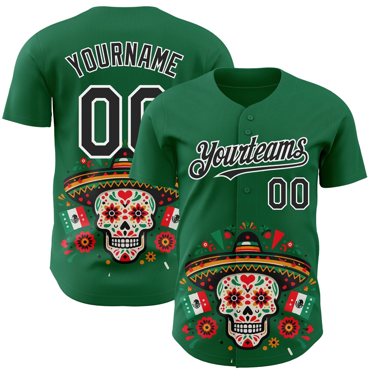Custom Kelly Green Black-White 3D Mexican Festival Flag Skull With Sombrero Cinco de Mayo Authentic Baseball Jersey - Sky-Custom