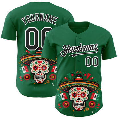 Custom Kelly Green Black-White 3D Mexican Festival Flag Skull With Sombrero Cinco de Mayo Authentic Baseball Jersey - Sky-Custom