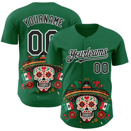 Custom Kelly Green Black-White 3D Mexican Festival Flag Skull With Sombrero Cinco de Mayo Authentic Baseball Jersey - Sky-Custom