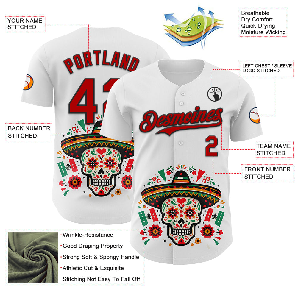 Custom White Red-Black 3D Mexican Festival Flag Skull With Sombrero Cinco de Mayo Authentic Baseball Jersey - Sky-Custom
