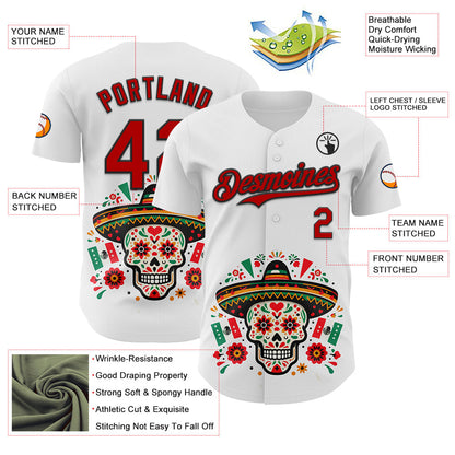 Custom White Red-Black 3D Mexican Festival Flag Skull With Sombrero Cinco de Mayo Authentic Baseball Jersey - Sky-Custom