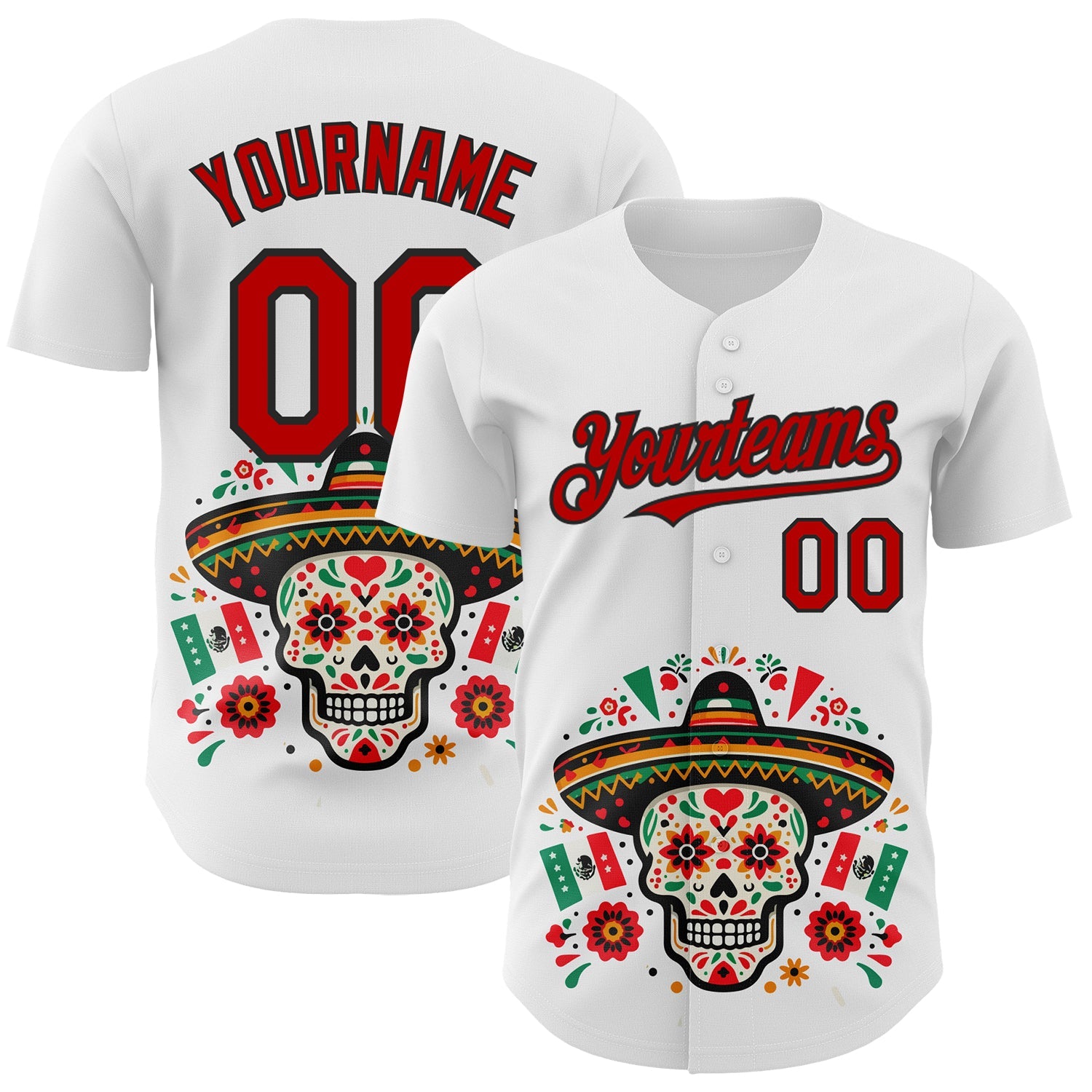 Custom White Red-Black 3D Mexican Festival Flag Skull With Sombrero Cinco de Mayo Authentic Baseball Jersey - Sky-Custom