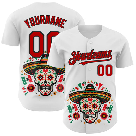 Custom White Red-Black 3D Mexican Festival Flag Skull With Sombrero Cinco de Mayo Authentic Baseball Jersey - Sky-Custom
