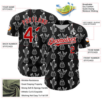 Custom Black Red-White 3D Mexican Cactus Authentic Baseball Jersey - Sky-Custom