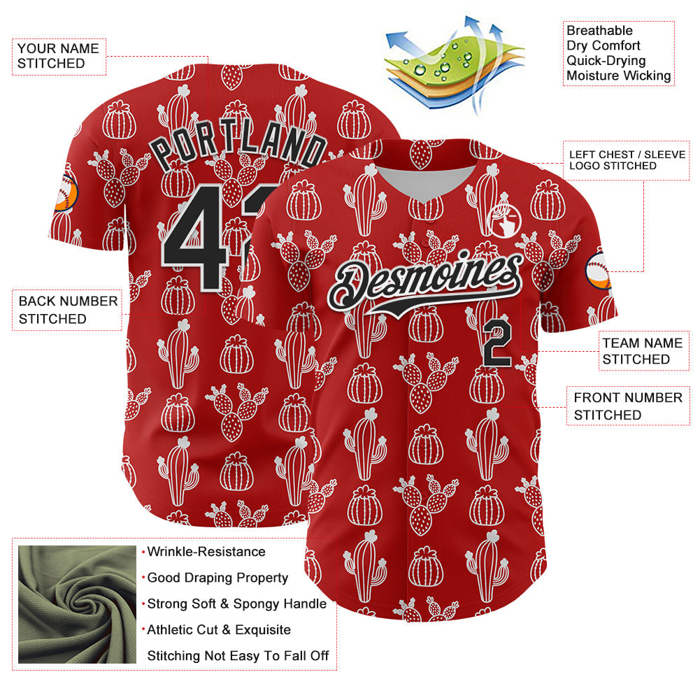 Custom Red Black-White 3D Mexican Cactus Authentic Baseball Jersey - Sky-Custom