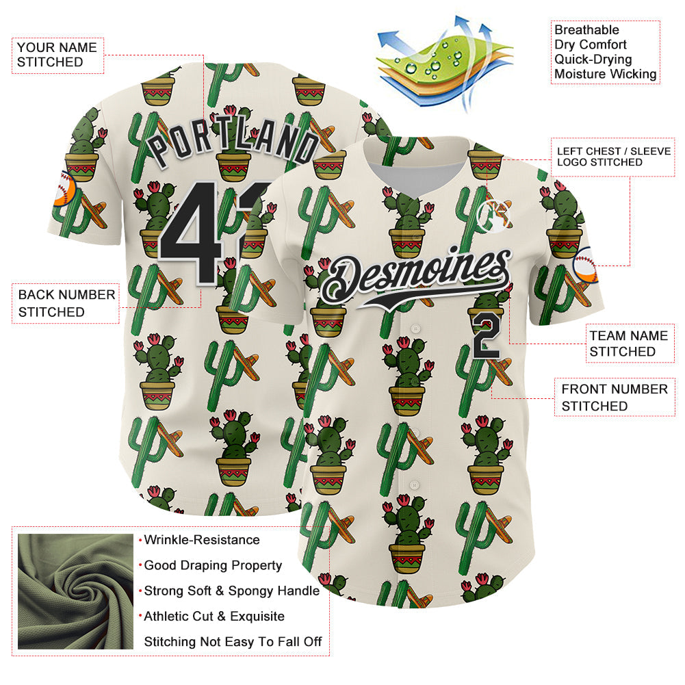 Custom Cream Black-White 3D Mexican Cactus Authentic Baseball Jersey - Sky-Custom