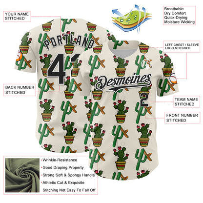 Custom Cream Black-White 3D Mexican Cactus Authentic Baseball Jersey - Sky-Custom