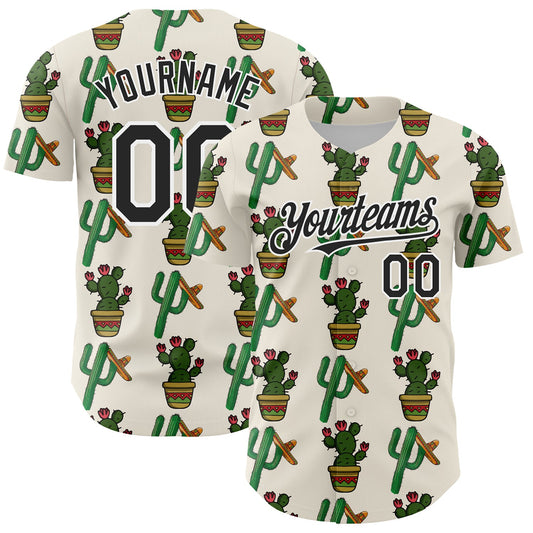 Custom Cream Black-White 3D Mexican Cactus Authentic Baseball Jersey - Sky-Custom