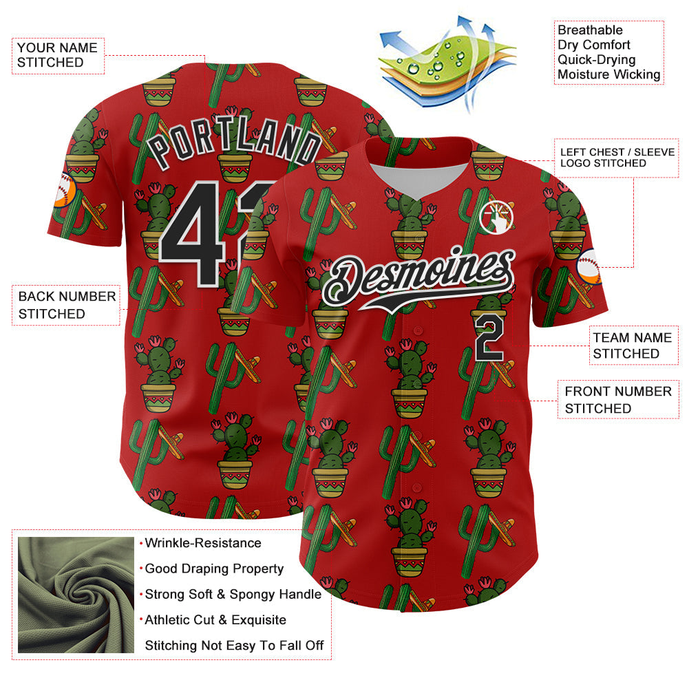 Custom Red Black-White 3D Mexican Cactus Authentic Baseball Jersey - Sky-Custom