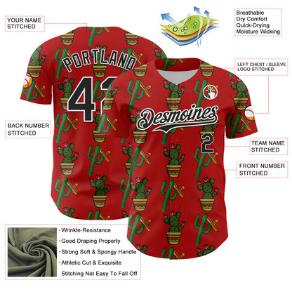 Custom Red Black-White 3D Mexican Cactus Authentic Baseball Jersey - Sky-Custom
