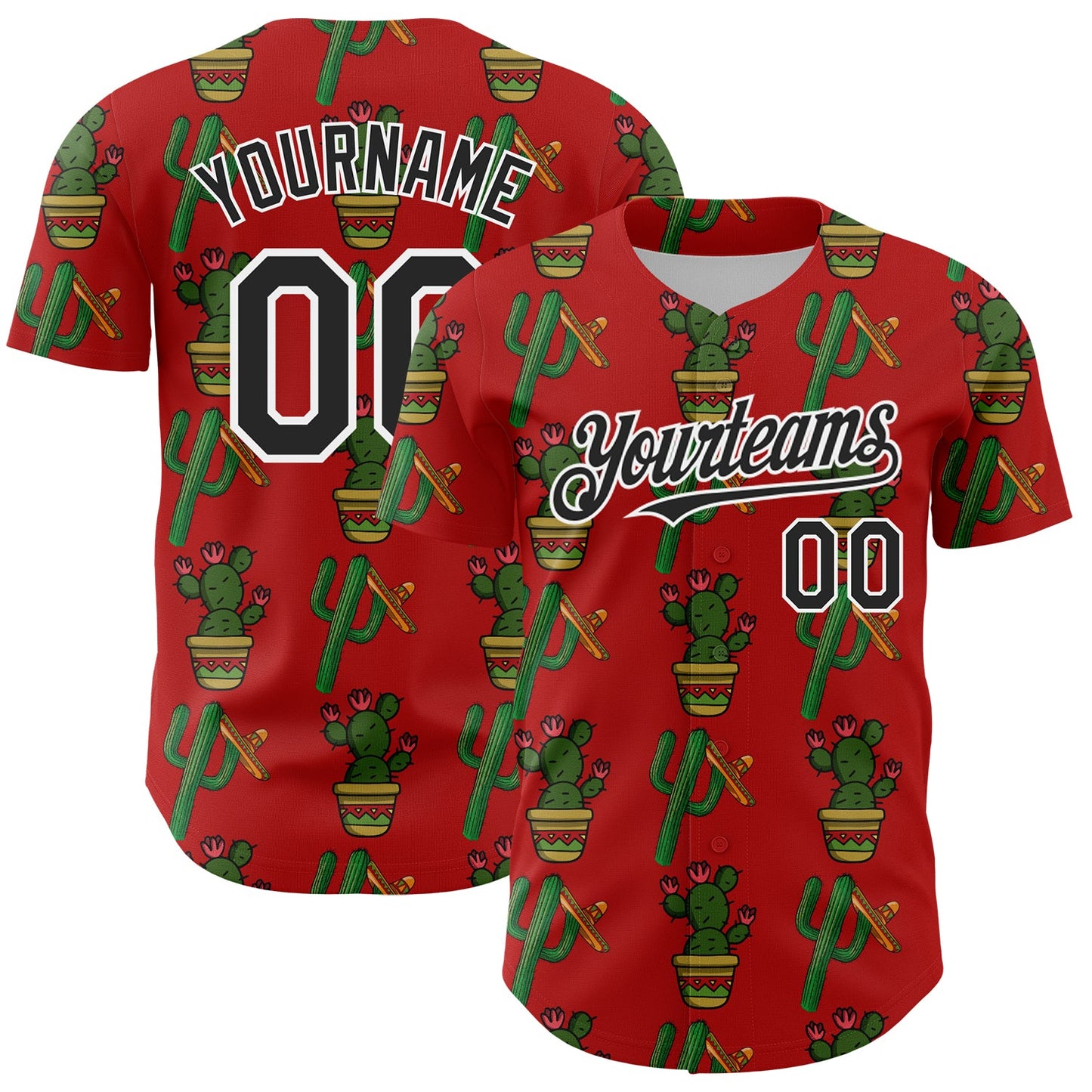 Custom Red Black-White 3D Mexican Cactus Authentic Baseball Jersey - Sky-Custom