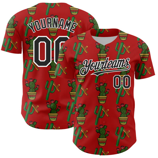 Custom Red Black-White 3D Mexican Cactus Authentic Baseball Jersey - Sky-Custom