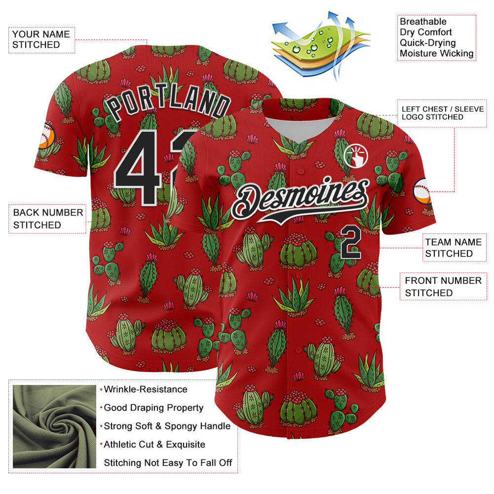 Custom Red Black-White 3D Mexican Cactus Authentic Baseball Jersey - Sky-Custom