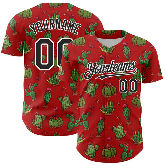 Custom Red Black-White 3D Mexican Cactus Authentic Baseball Jersey - Sky-Custom