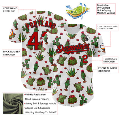 Custom White Red-Black 3D Mexican Cactus Authentic Baseball Jersey - Sky-Custom