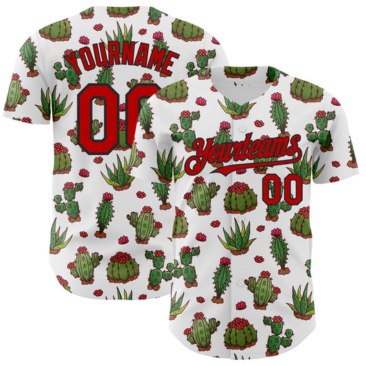 Custom White Red-Black 3D Mexican Cactus Authentic Baseball Jersey - Sky-Custom