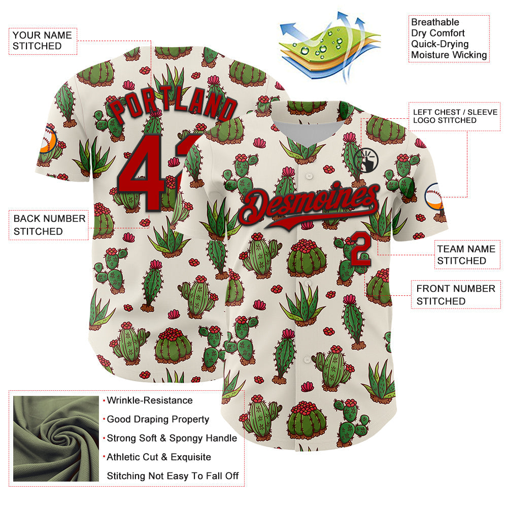 Custom Cream Red-Black 3D Mexican Cactus Authentic Baseball Jersey - Sky-Custom