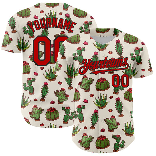 Custom Cream Red-Black 3D Mexican Cactus Authentic Baseball Jersey - Sky-Custom