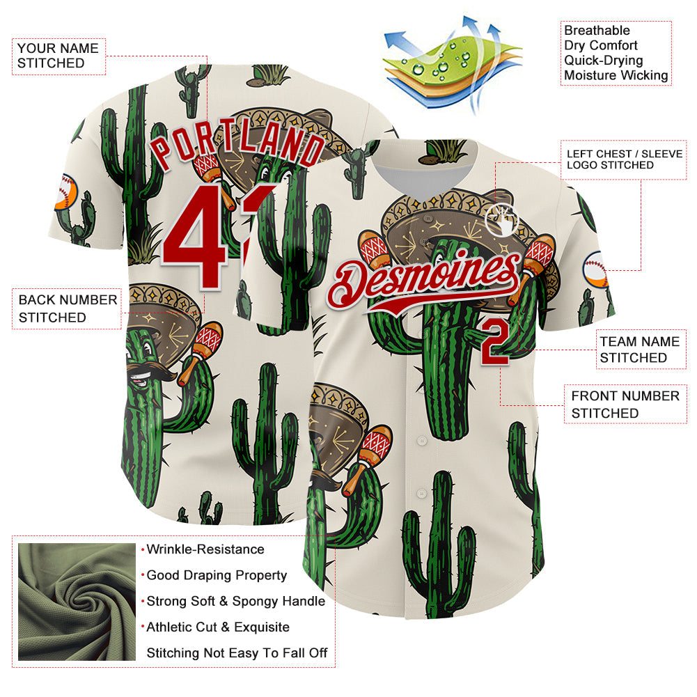 Custom Cream Red-White 3D Mexican Cactus Authentic Baseball Jersey - Sky-Custom