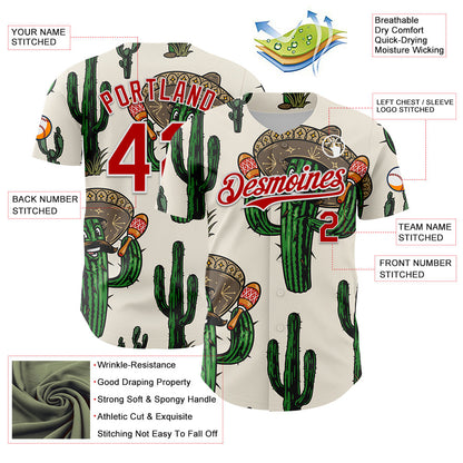 Custom Cream Red-White 3D Mexican Cactus Authentic Baseball Jersey - Sky-Custom