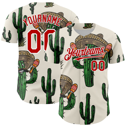 Custom Cream Red-White 3D Mexican Cactus Authentic Baseball Jersey - Sky-Custom