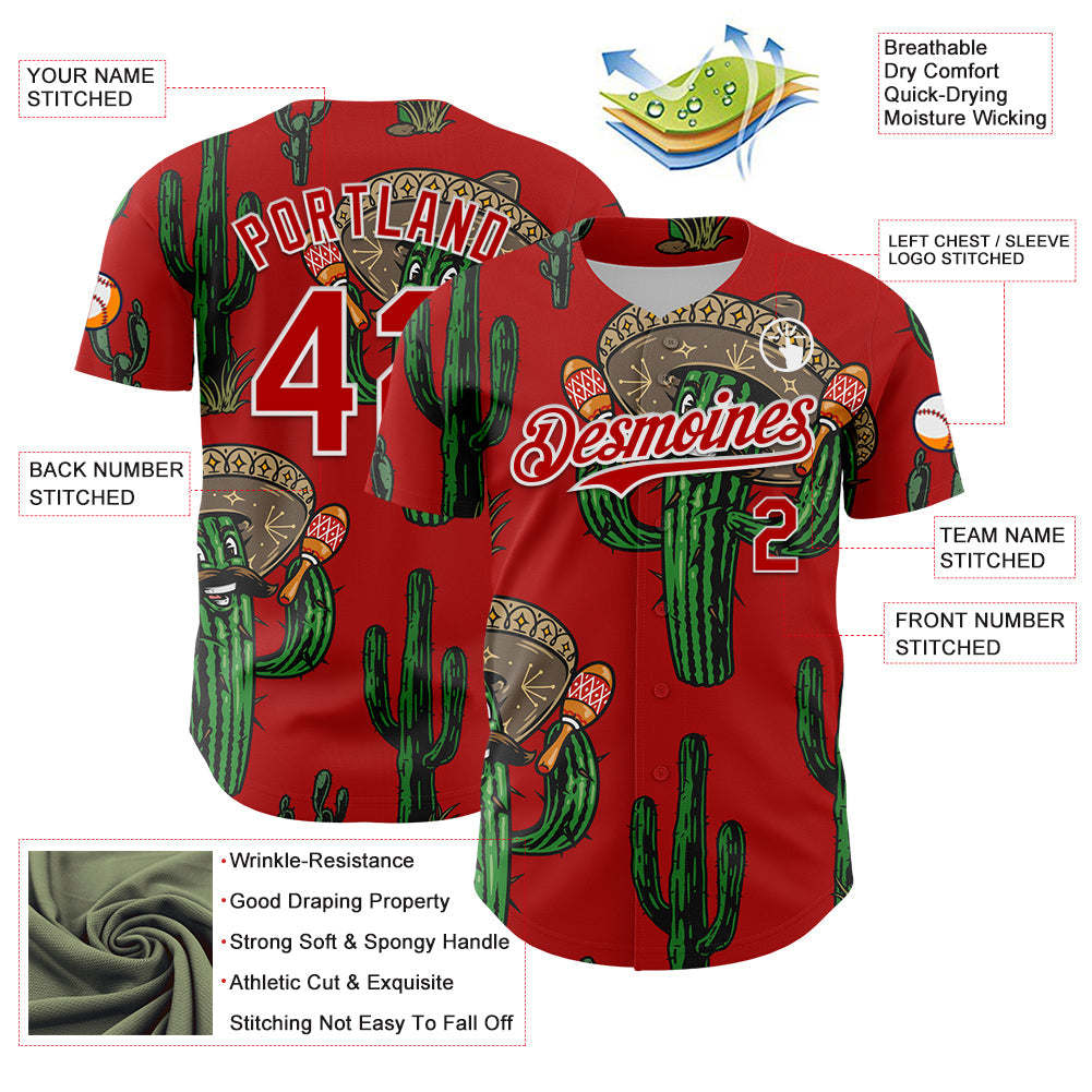 Custom Red White 3D Mexican Cactus Authentic Baseball Jersey - Sky-Custom