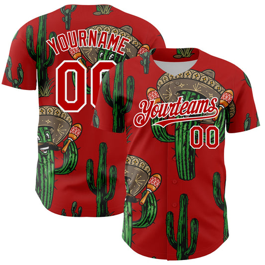 Custom Red White 3D Mexican Cactus Authentic Baseball Jersey - Sky-Custom