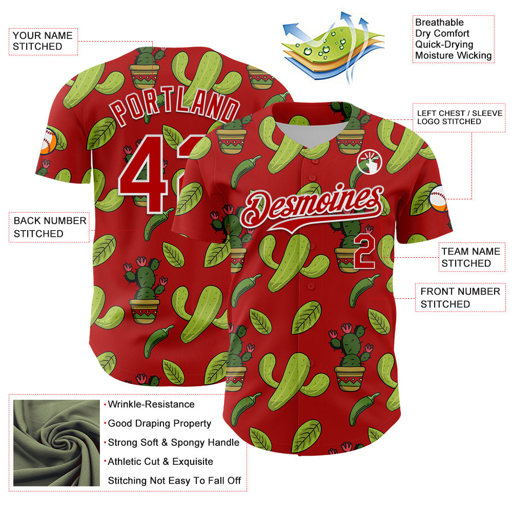 Custom Red White 3D Mexican Cactus Authentic Baseball Jersey - Sky-Custom