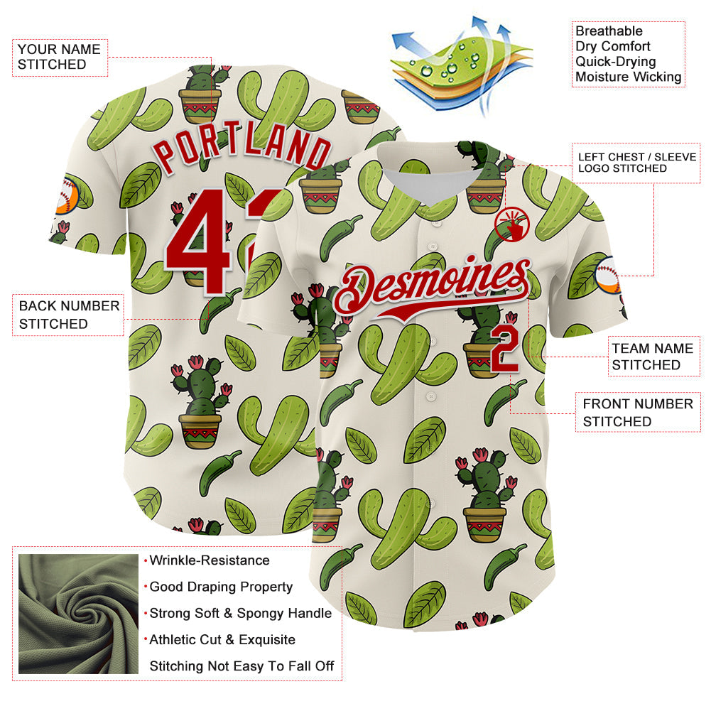 Custom Cream Red-White 3D Mexican Cactus Authentic Baseball Jersey - Sky-Custom