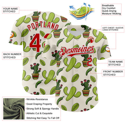 Custom Cream Red-White 3D Mexican Cactus Authentic Baseball Jersey - Sky-Custom