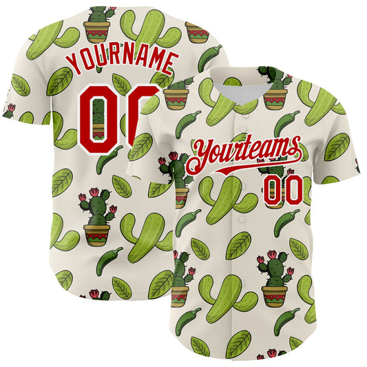Custom Cream Red-White 3D Mexican Cactus Authentic Baseball Jersey - Sky-Custom