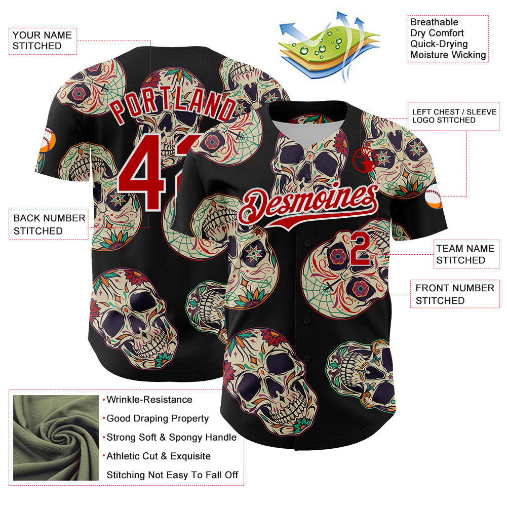 Custom Black Red-White 3D Mexican Skull Authentic Baseball Jersey - Sky-Custom