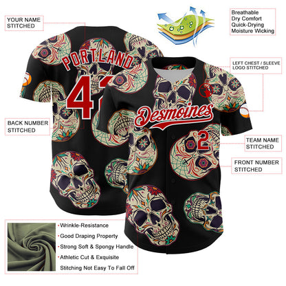 Custom Black Red-White 3D Mexican Skull Authentic Baseball Jersey - Sky-Custom
