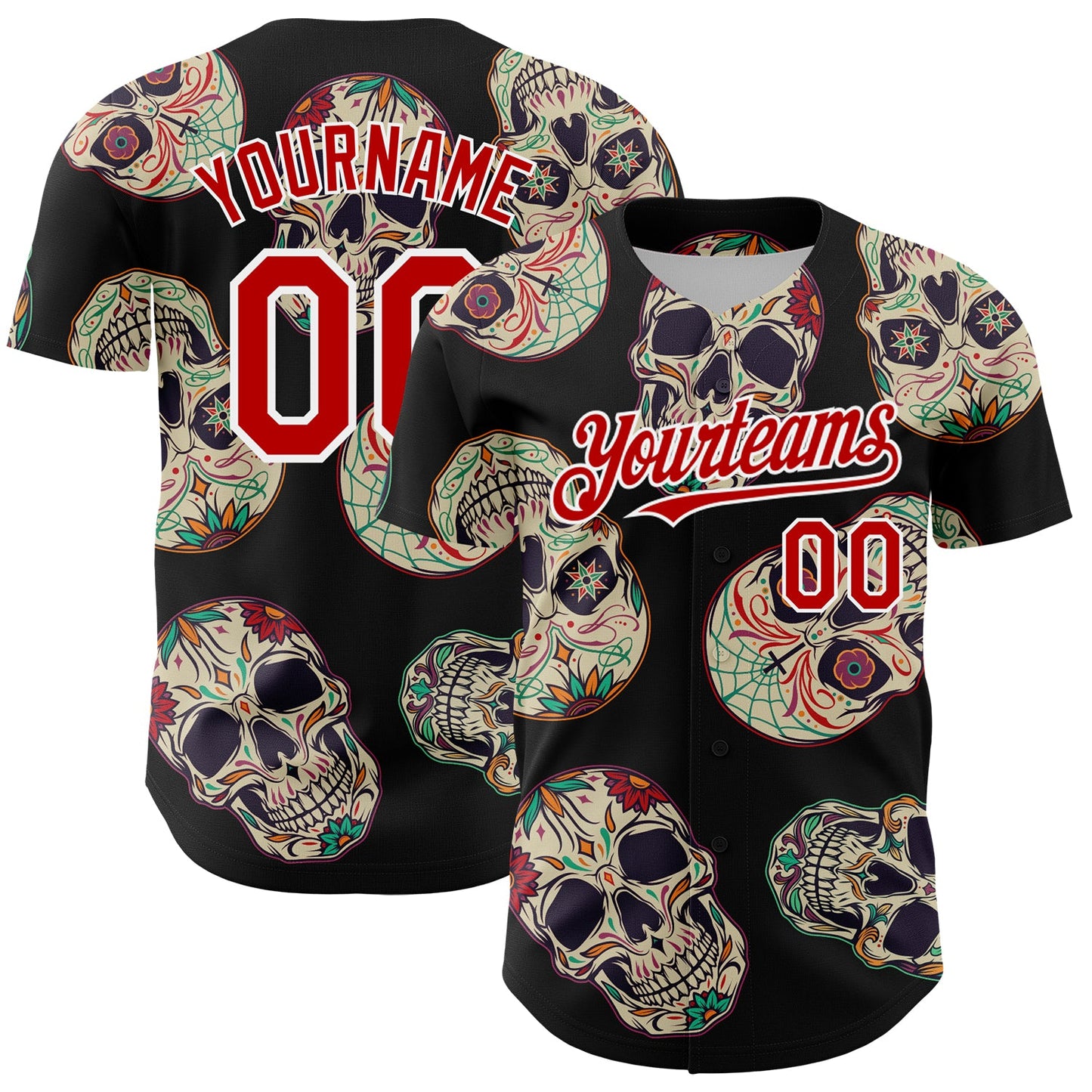 Custom Black Red-White 3D Mexican Skull Authentic Baseball Jersey - Sky-Custom