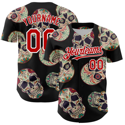 Custom Black Red-White 3D Mexican Skull Authentic Baseball Jersey - Sky-Custom