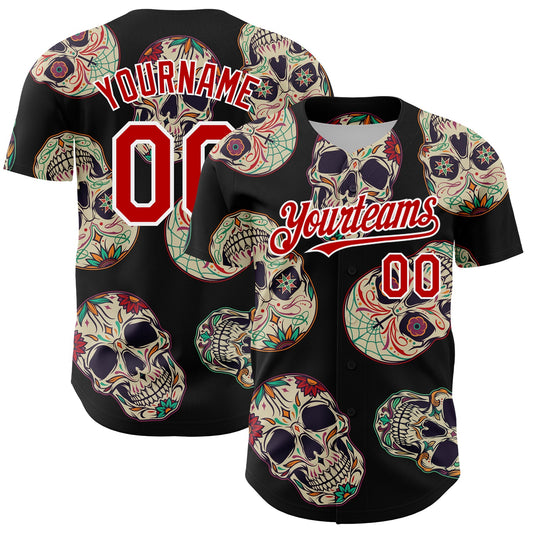 Custom Black Red-White 3D Mexican Skull Authentic Baseball Jersey - Sky-Custom